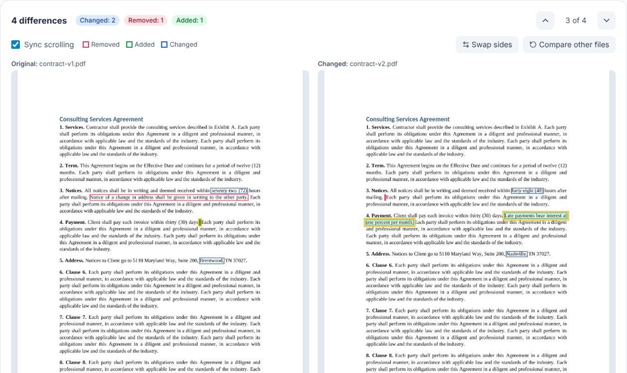 Two versions of a contract side by side, with the changed, removed and added words boxed in blue, red and green